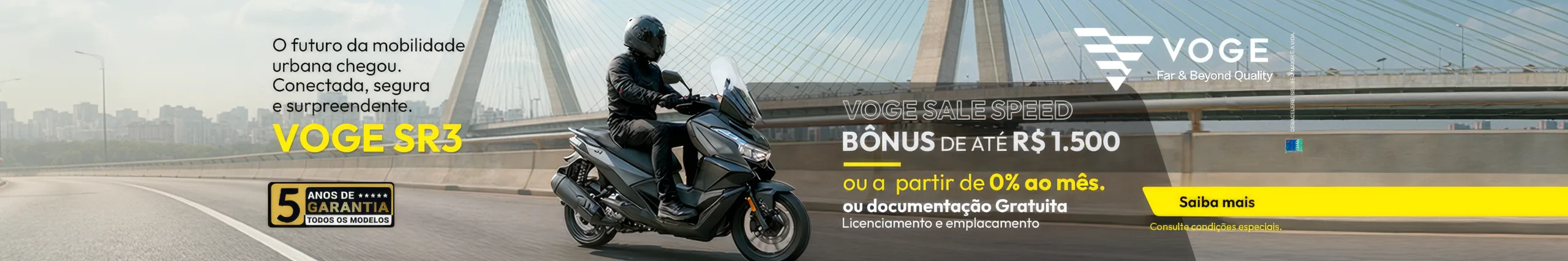 VOGE SR3 na campanha VOGE Sales Speed: bônus de até R$ 1.500, taxa a partir de 0% ao mês ou documentação gratuita